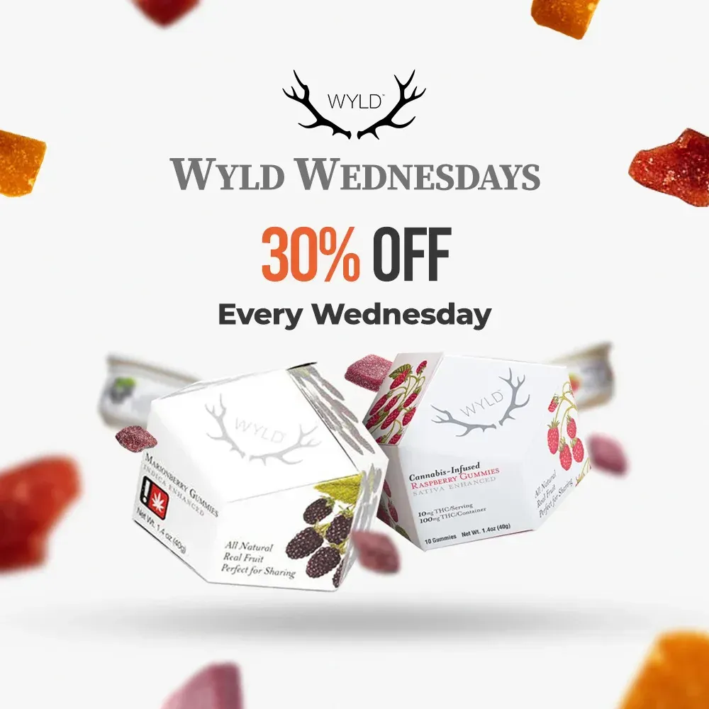 WylD Wednesdays promo: 30% off every Wednesday with two product boxes and floating fruit pieces