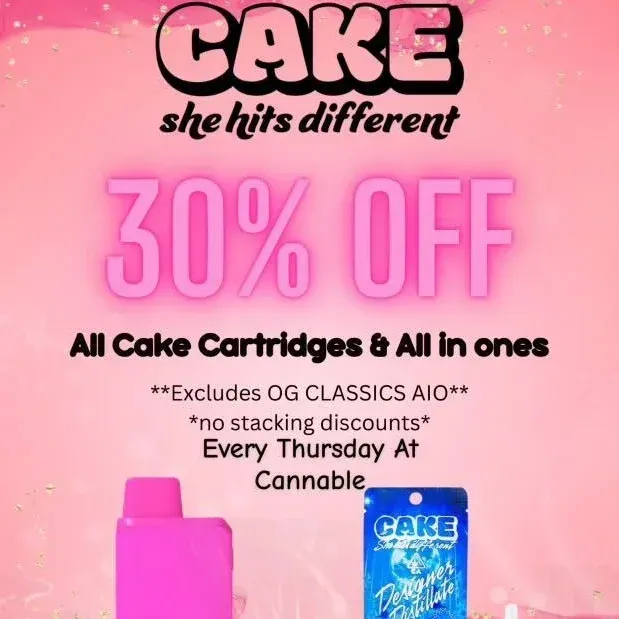 Cake vape promo with pink background: 30% off all Cake cartridges and all-in-ones, Thursday only, cannabis.
