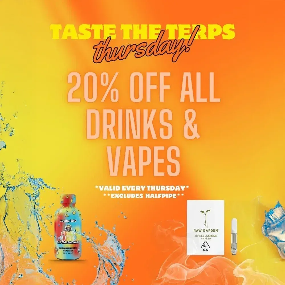 Bright orange promo poster: “Taste the Teeps Thursday” with 20% off all drinks and vapes.