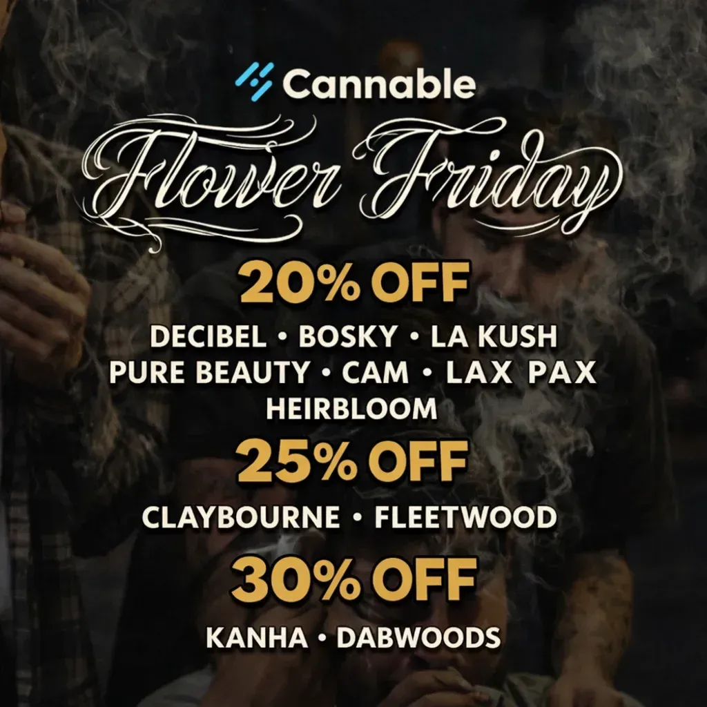 Cannable Flower Friday promo poster with smoke background and 20%, 25%, 30% off product brands