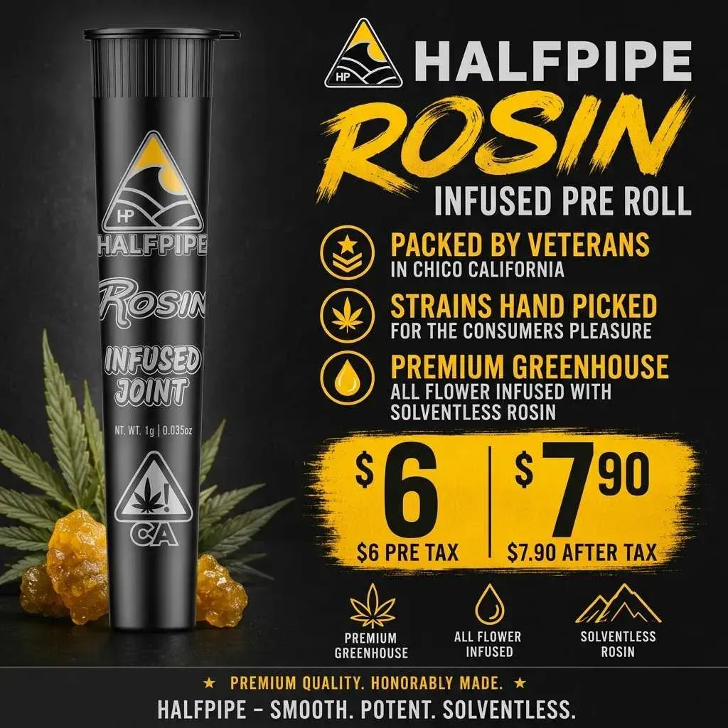 Halfpipe Rosin Infused Pre Roll ad with black tube, yellow text, and $6 pre-tax price tag