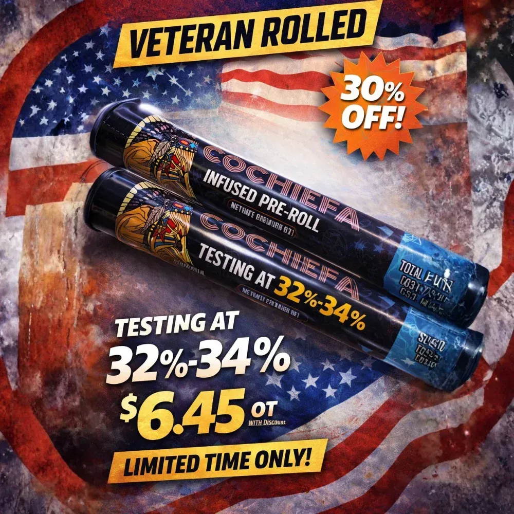 Veteran Rolled pre-roll ad with 30% off, testing at 32%-34%, $6.45 each, limited time only.