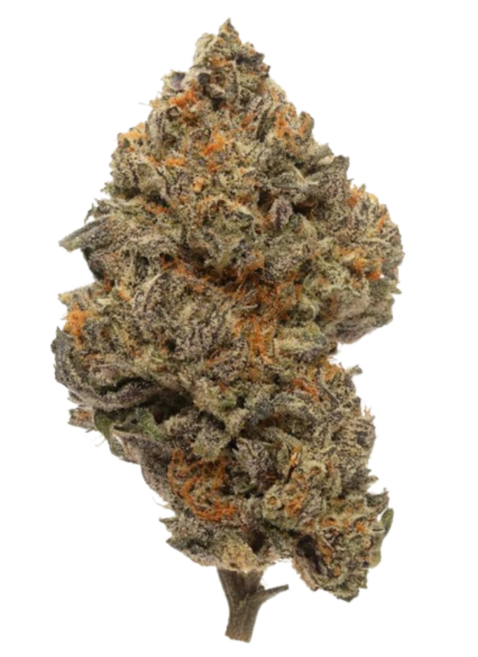 Cluster of cannabis buds with green, purple, and orange tones on a white background
