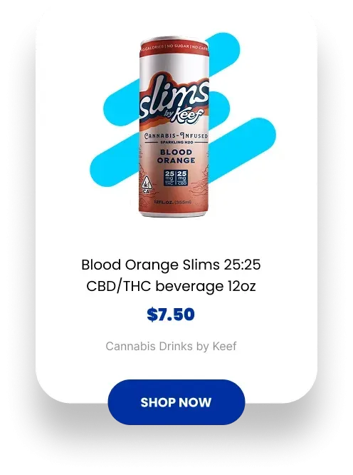 Blood Orange Slims CBD/THC beverage can with “Shop Now” button on a product ad background