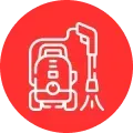 Red circle icon with a white vacuum cleaner and nozzle