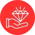 Red circular icon with a white hand holding a diamond gem