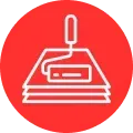 Red circle icon showing a white wire-cutting machine on layered sheets