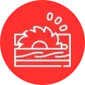 White sun over waves and landscape lines inside a red circle logo