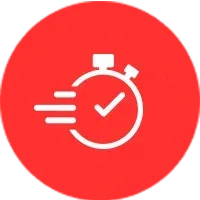 Red stopwatch icon with motion lines and a check mark on a white background