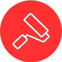 White paint roller icon on a red circular background