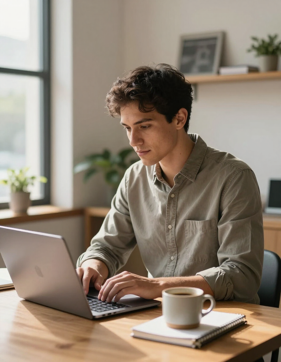 Person typing on a laptop at a wooden table with coffee in a bright home office