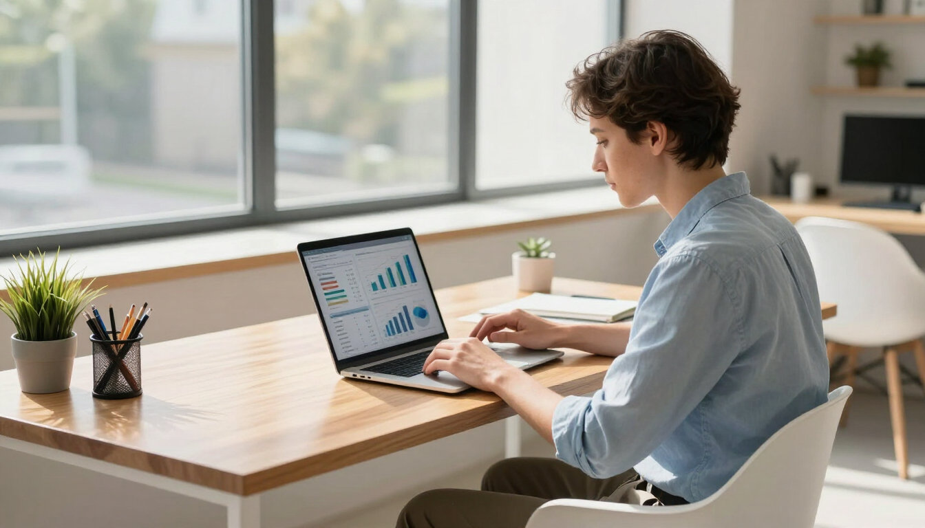 Person working on a laptop at a wooden desk in a bright office, with charts on screen and a small plant nearby