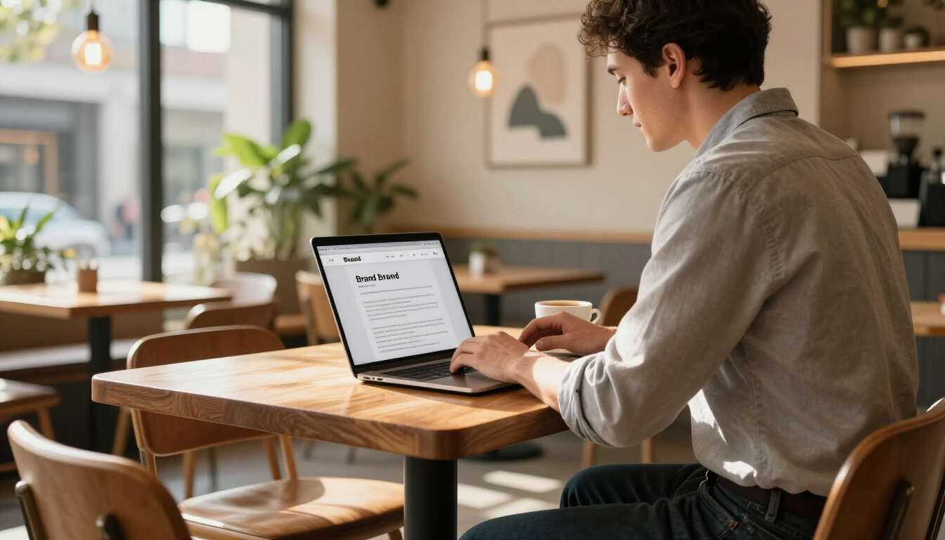 Business owner reviewing brand messaging on a laptop