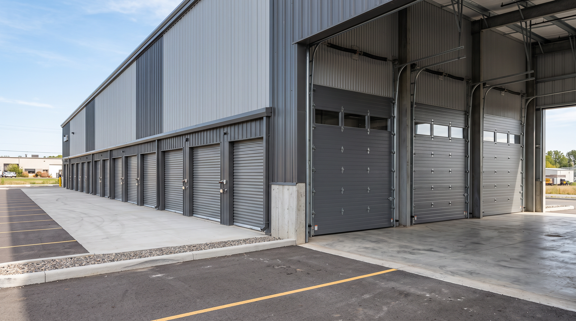 Roll-up storage unit doors and large sectional doors on a Kansas City Metro facility