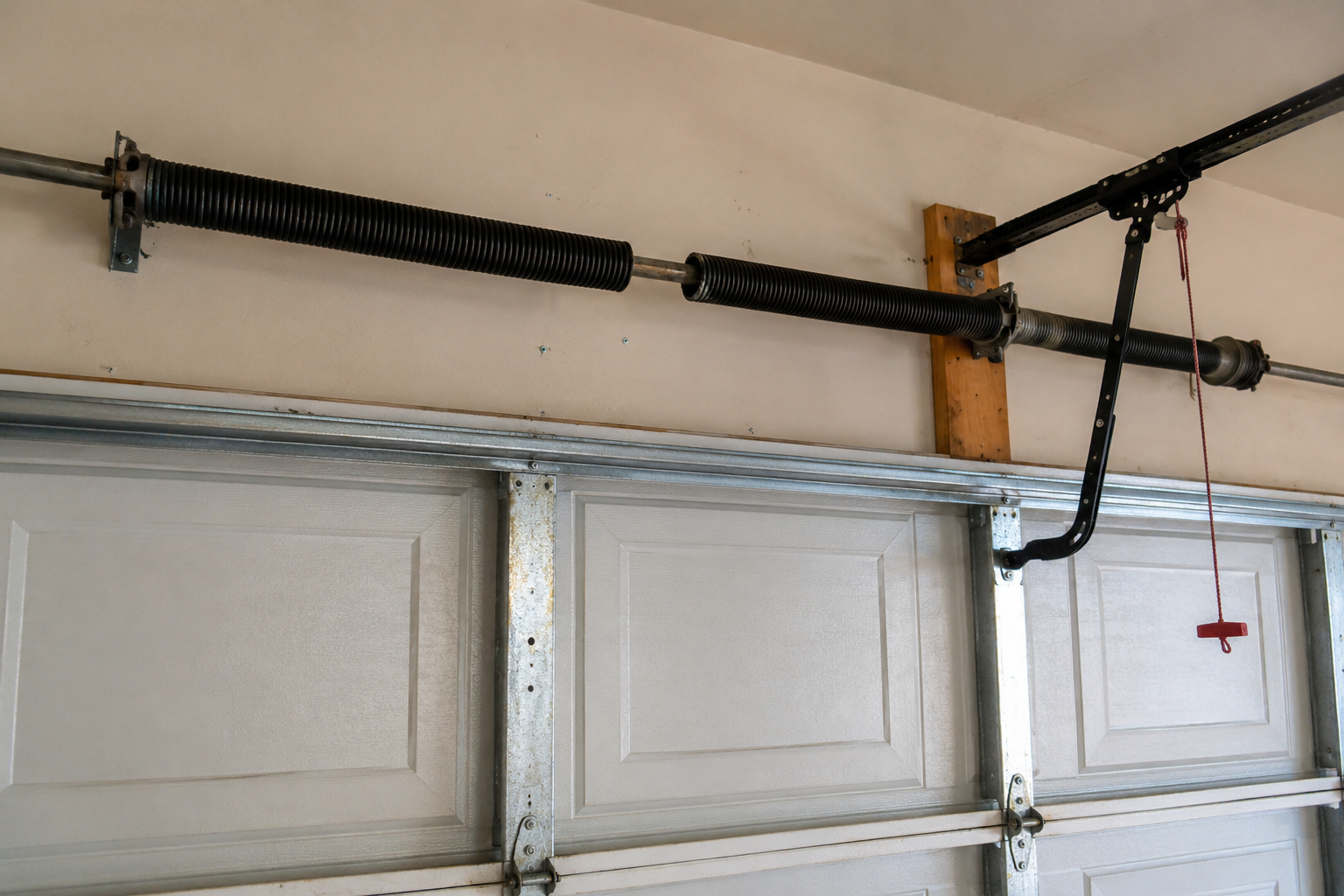 Torsion spring mounted above a residential garage door in Kansas