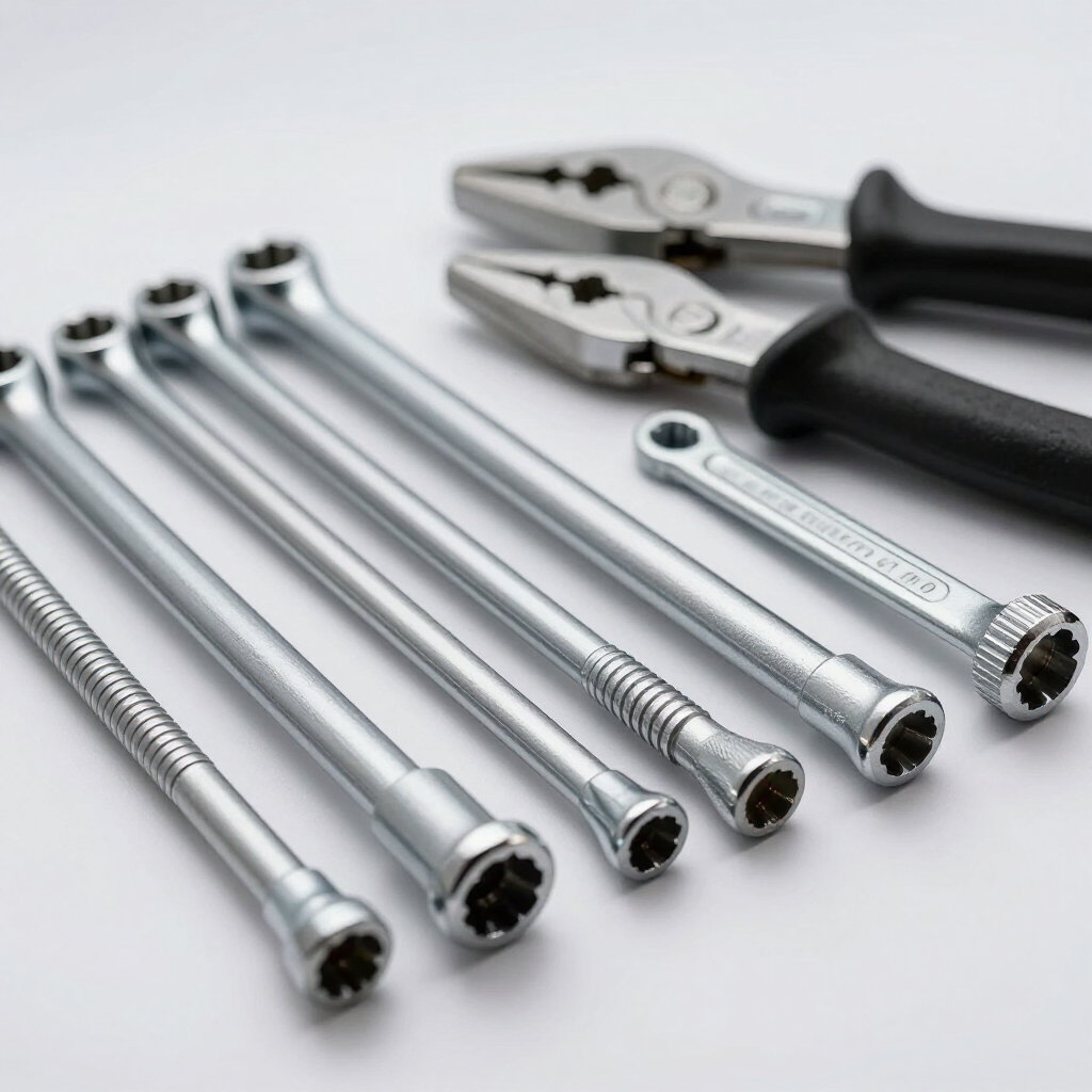 A set of four long, silver socket wrenches lined up next to a smaller wrench and two pairs of pliers on a white surface.