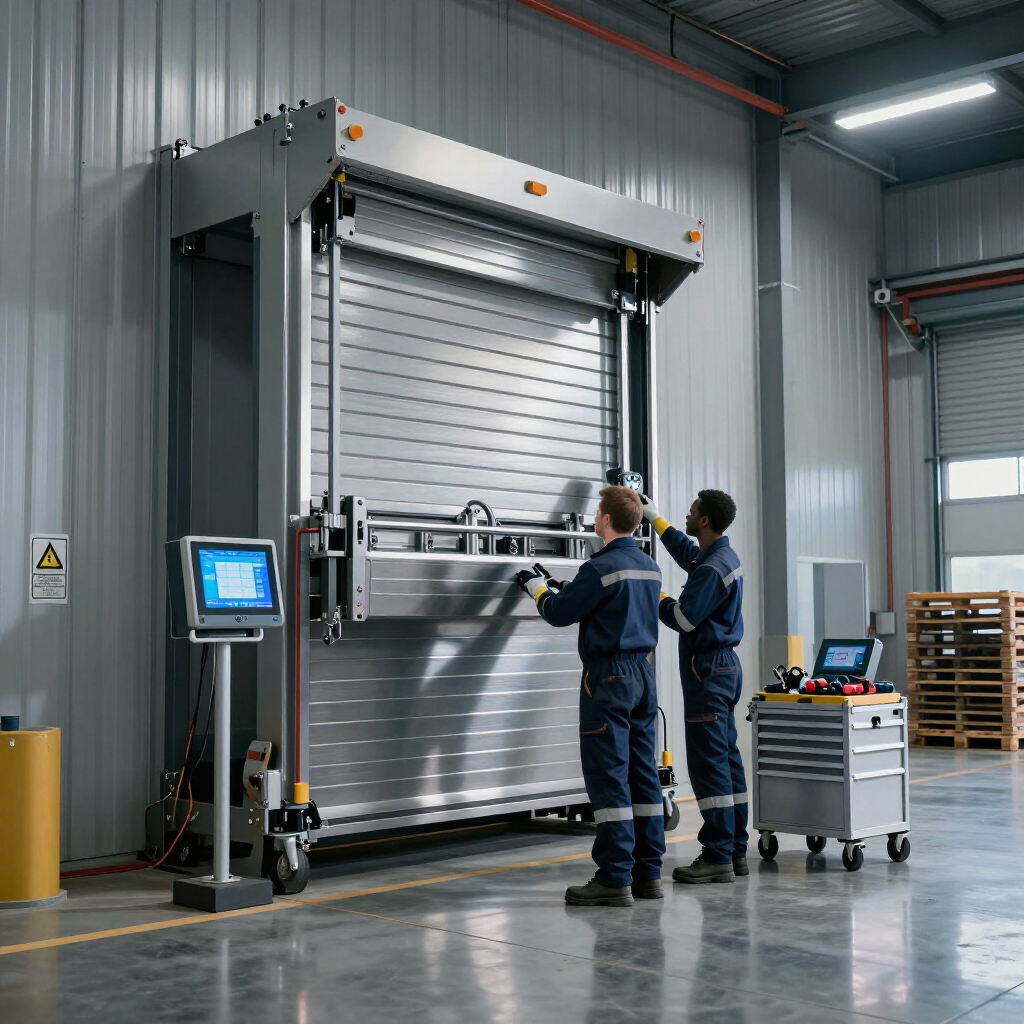 Two technicians in blue uniforms operate a large industrial roller door in a warehouse setting.