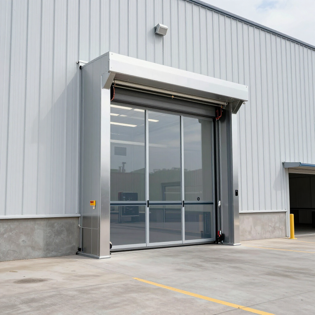 A modern high-speed roll-up door with large glass panels installed on a white industrial metal building.
