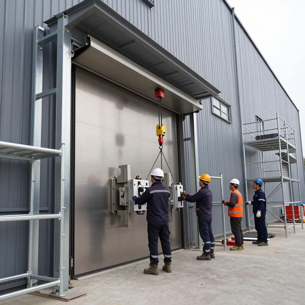 Workers in hard hats and safety gear attach a component to a large, metallic industrial door on a construction site.