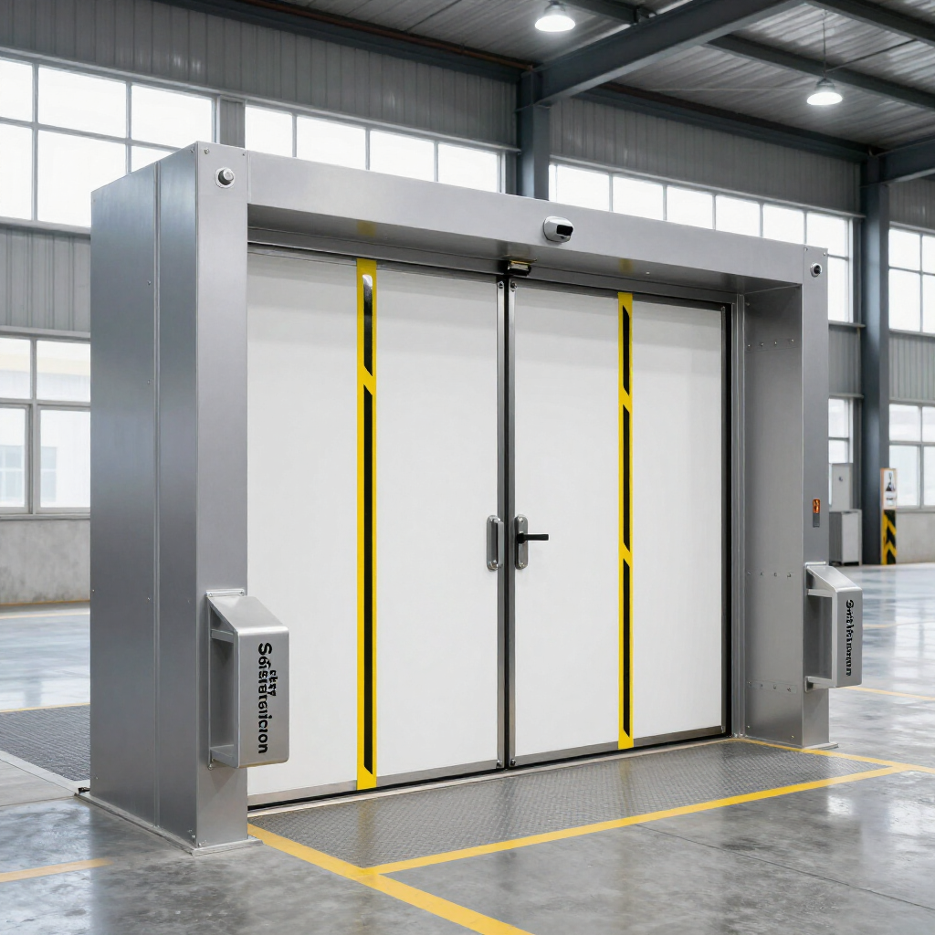 A white industrial double-door entrance with yellow safety stripes, installed in a large warehouse space.