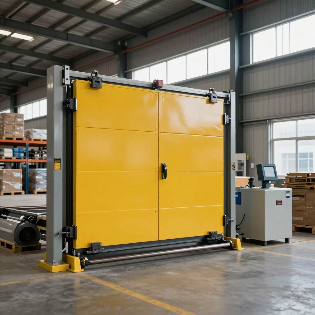 A yellow, double-panel industrial door stands in a factory, adjacent to a control console and storage shelving.