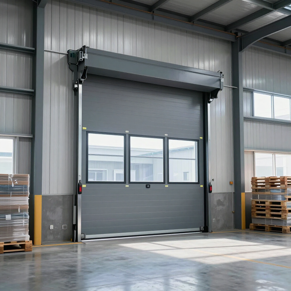 A gray industrial roll-up door with three windows, installed inside a warehouse with metal walls and stacks of pallets.