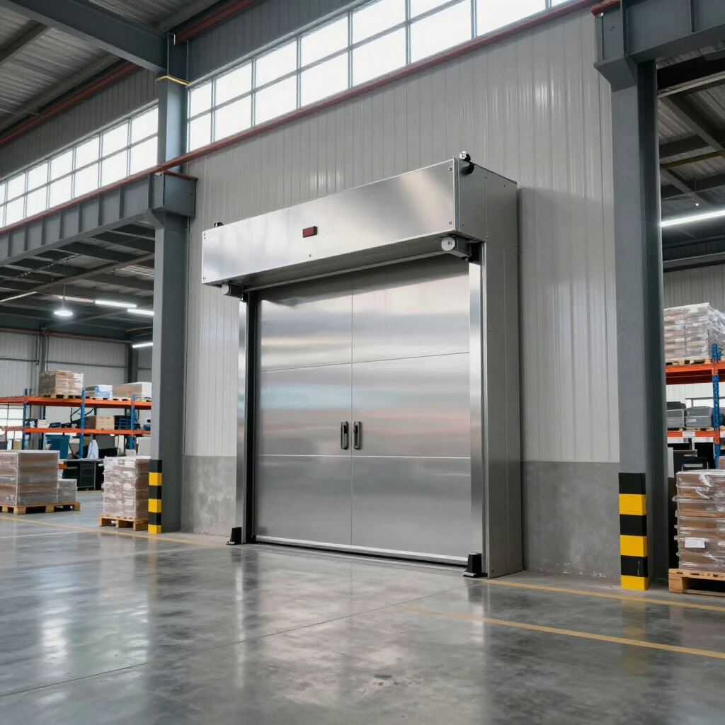 A stainless steel industrial sliding door installed in a warehouse facility with high ceilings and pallet racking.