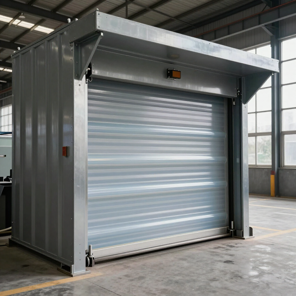 A grey, industrial roll-up door installed on a standalone metal frame unit inside a warehouse setting.