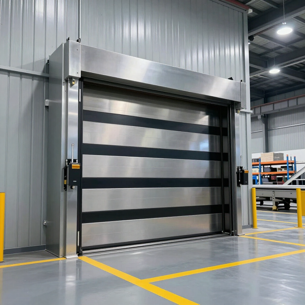 A high-speed industrial rolling door with horizontal metal and black panels installed in a modern warehouse facility.