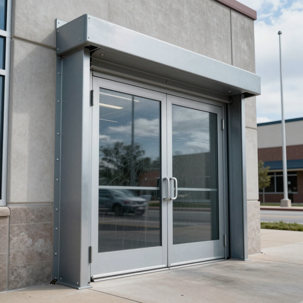 Double glass doors in a concrete building wall, shielded by a metal security shutter housing over the entrance.