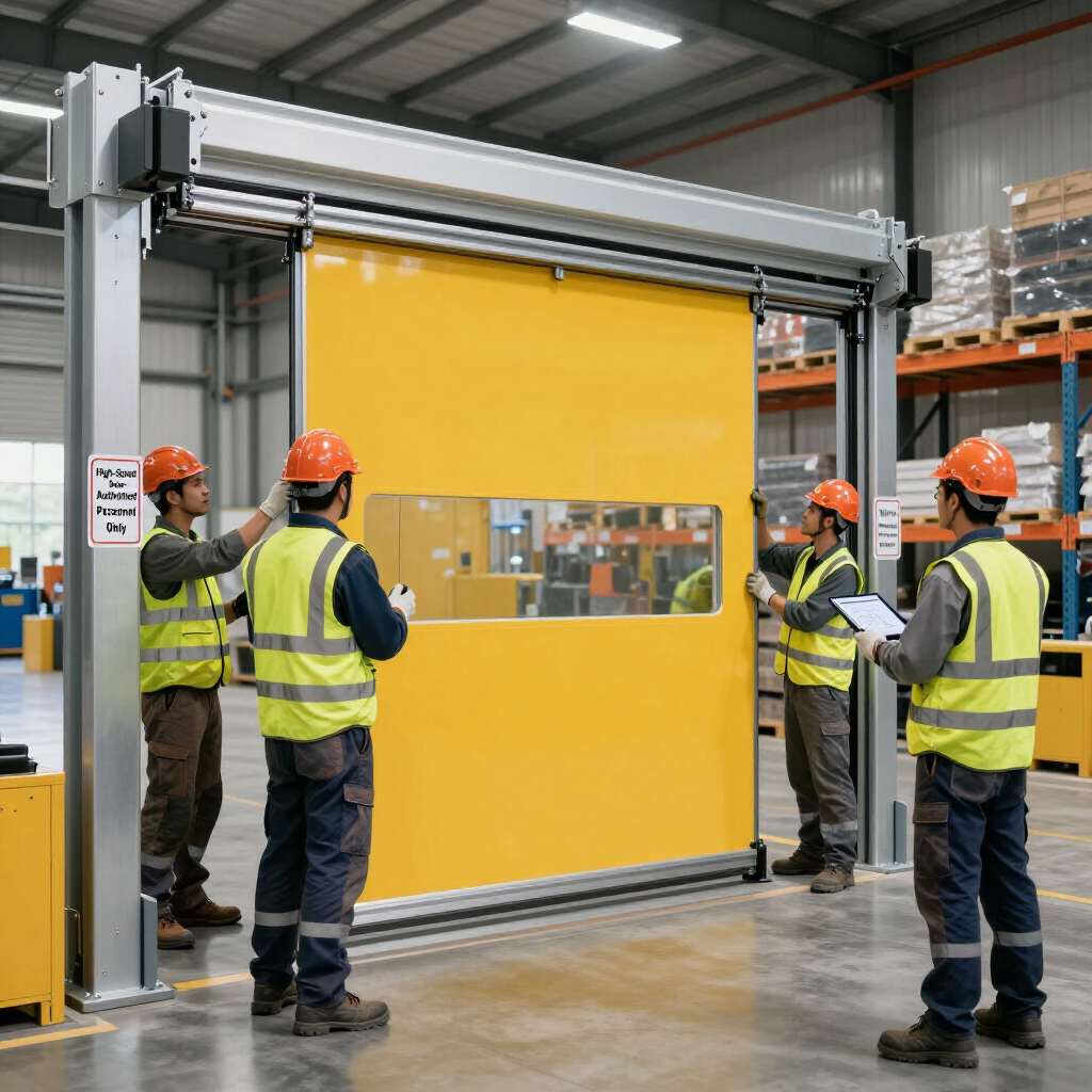 Four workers in safety vests and hard hats inspect a yellow high-speed industrial door inside a warehouse.
