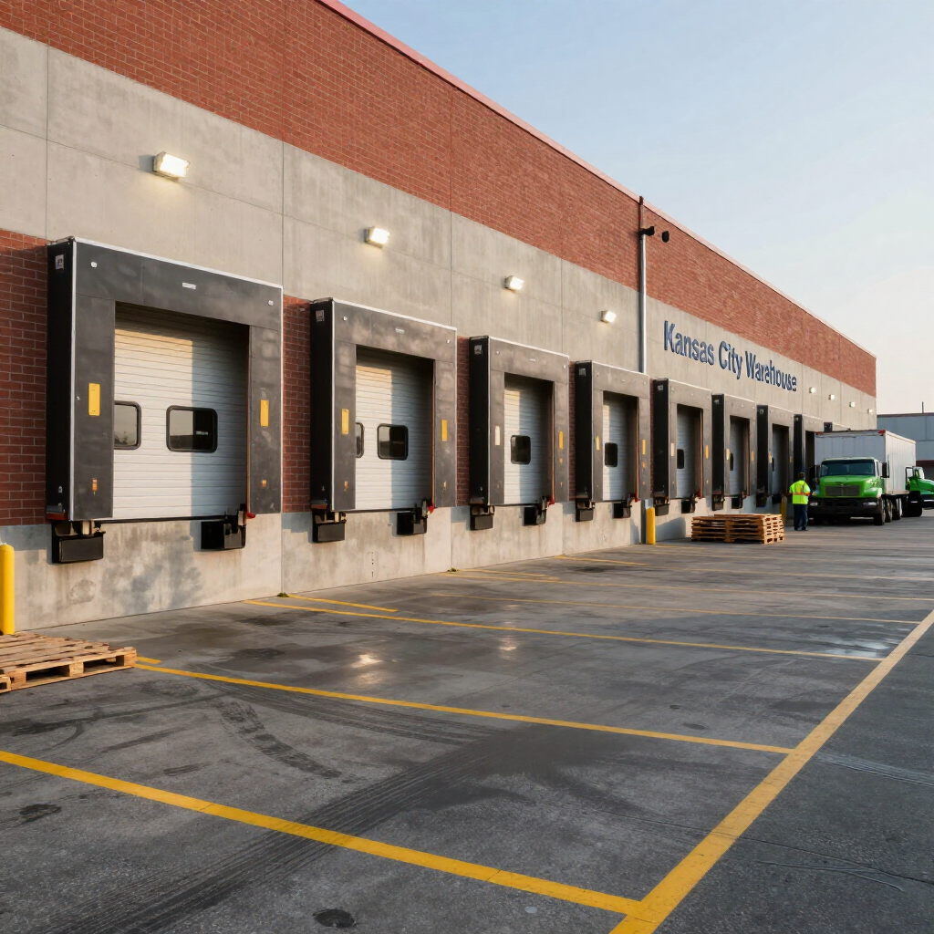 A line of warehouse loading docks with closed metal doors along a brick building with trucks parked at the end.