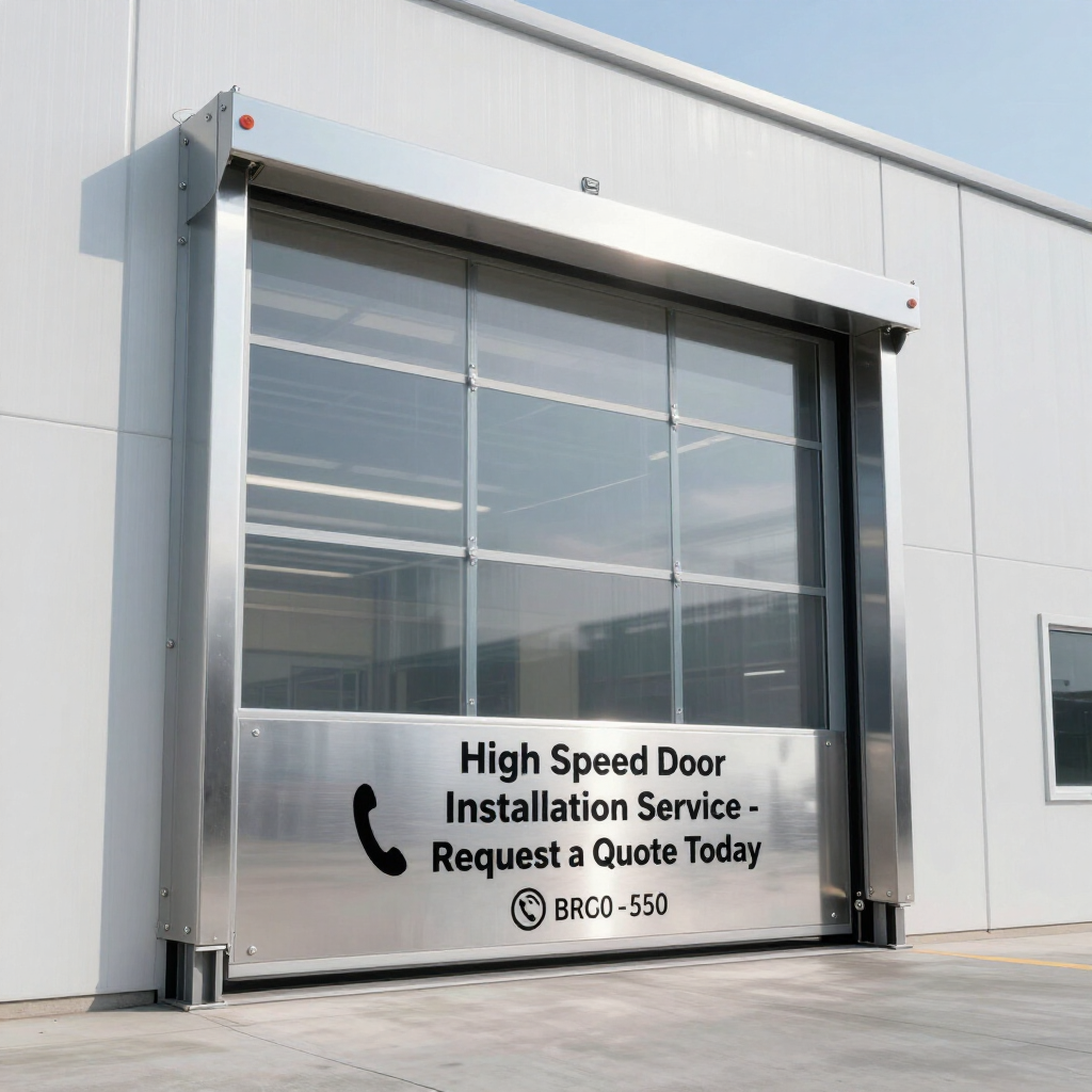 A modern high-speed industrial rolling door with a clear window section installed on a light grey commercial building.
