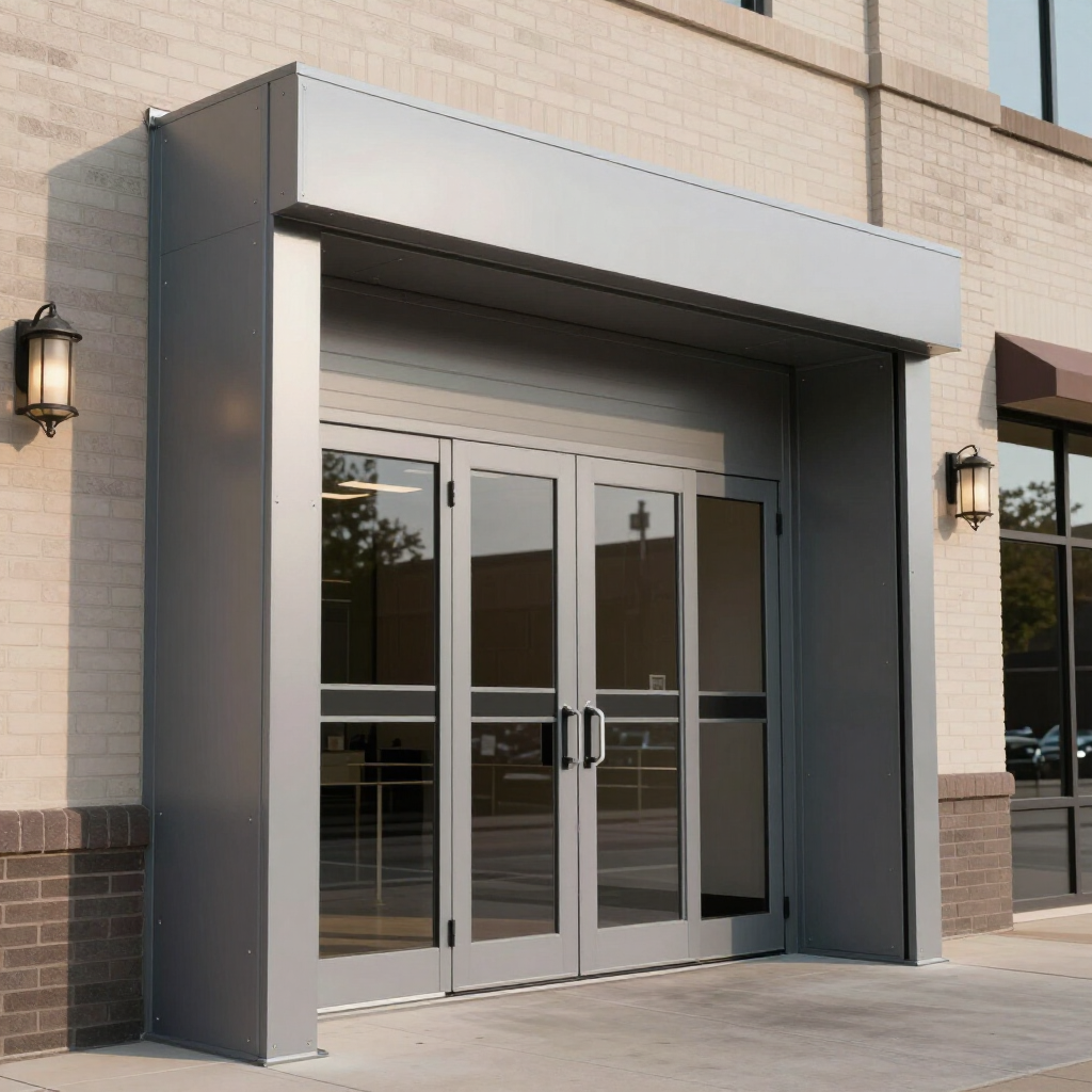 A pair of glass double doors with silver frames set in a beige brick wall under a matching silver metal entrance canopy.