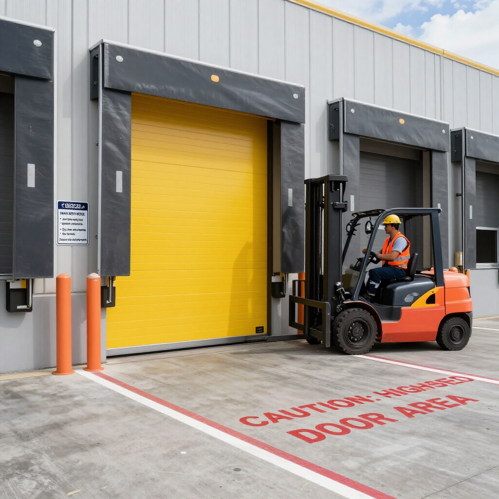 An operator drives an orange forklift toward a yellow warehouse loading dock door marked with cautionary signage.