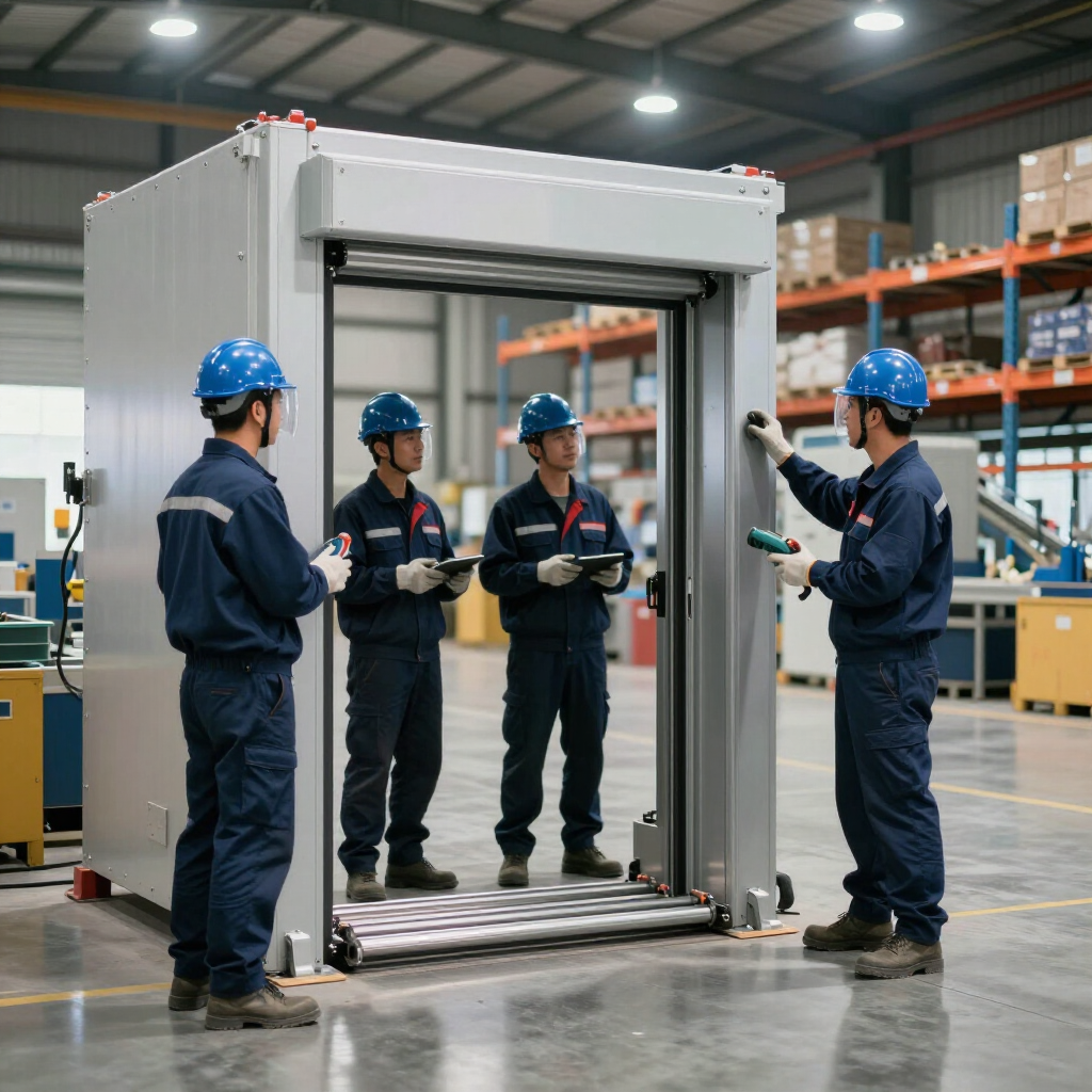 Four people in uniforms and hard hats inspect a large industrial gate or scanning machine inside a warehouse.