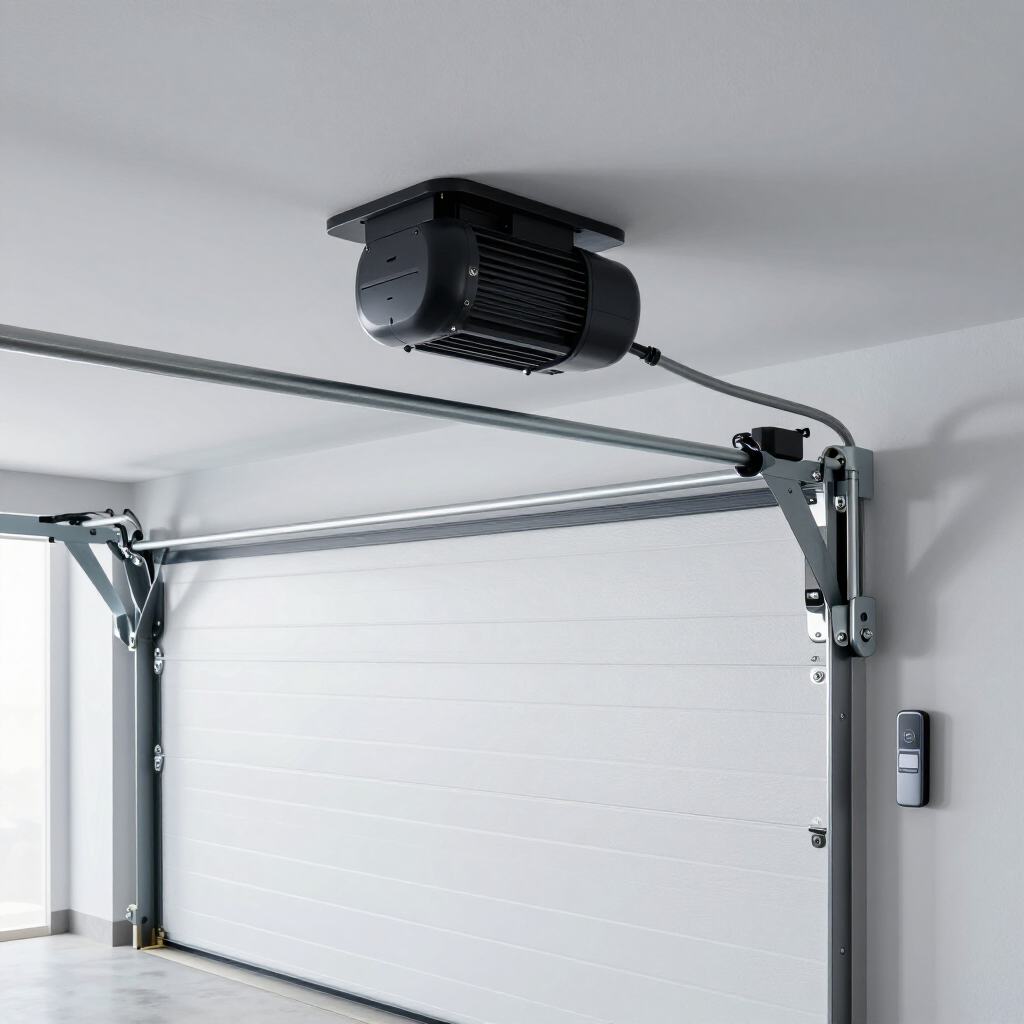 A white garage door with a mounted ceiling motor and control panel on a side wall in a brightly lit interior.