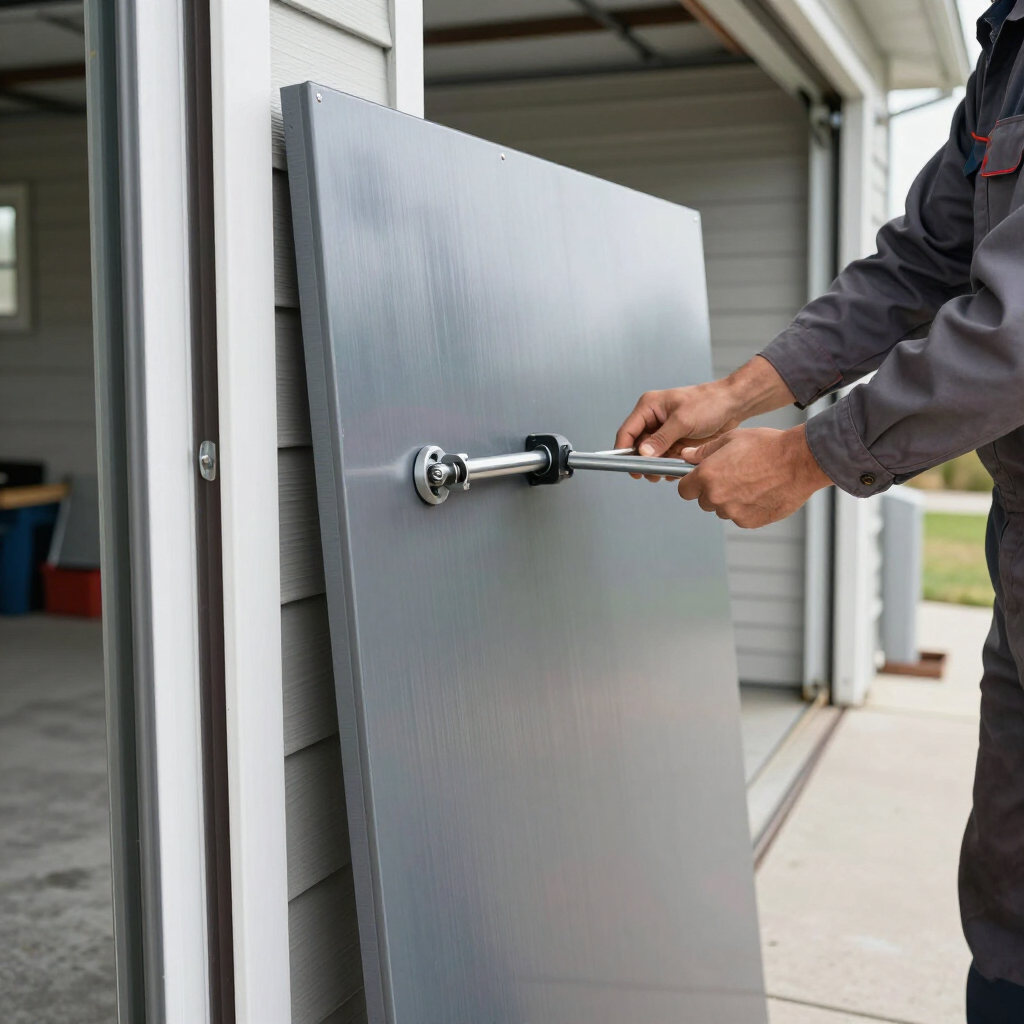 A person in work clothes attaches a metal handle to a gray panel leaning against the side of a garage.