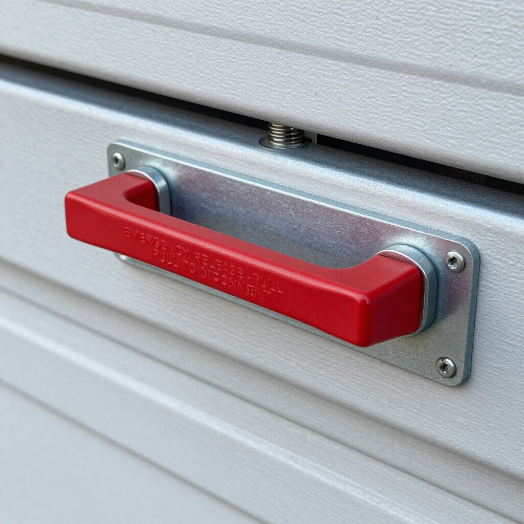 A red horizontal handle with a metallic mounting plate attached to a light gray, paneled metal door.