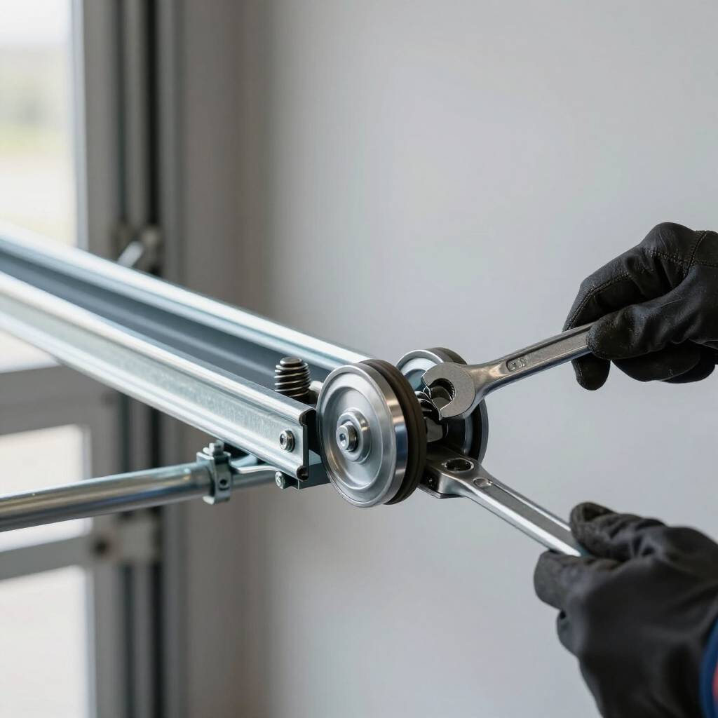 Gloved hands use two wrenches to tighten a bolt on a garage door pulley system.