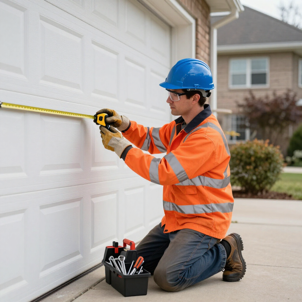 A worker in a high-visibility jacket and blue hard hat kneels, using a tape measure on a residential garage door.