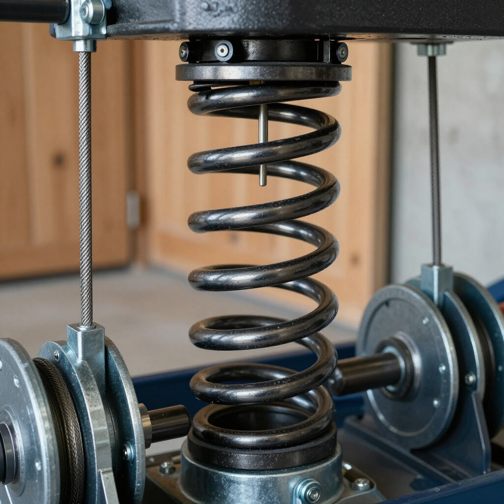 A heavy-duty metal coil spring mounted between two mechanical assemblies with threaded cables in a workshop setting.