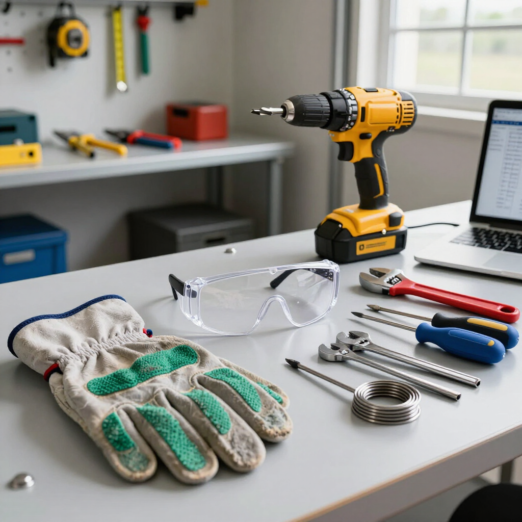 A cordless drill, safety glasses, work gloves, and various hand tools arranged on a workshop table next to a laptop.