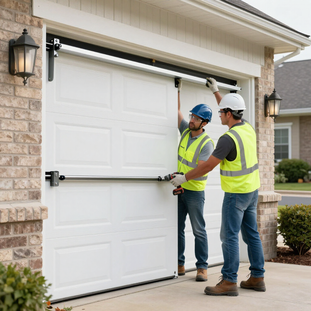 Two workers in high-visibility vests and hard hats install a reinforcement bar on a white garage door.