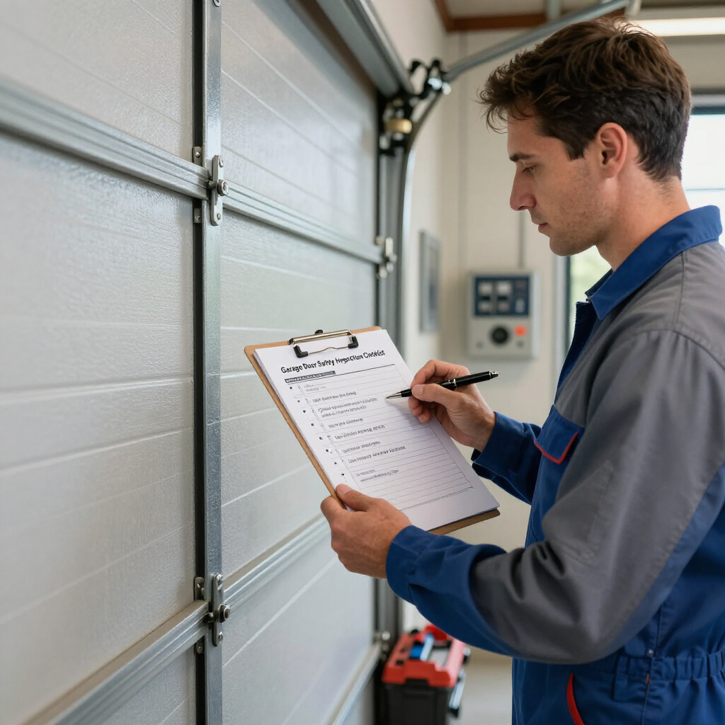 A technician in a blue and grey uniform fills out a checklist while inspecting a garage door in a workspace.