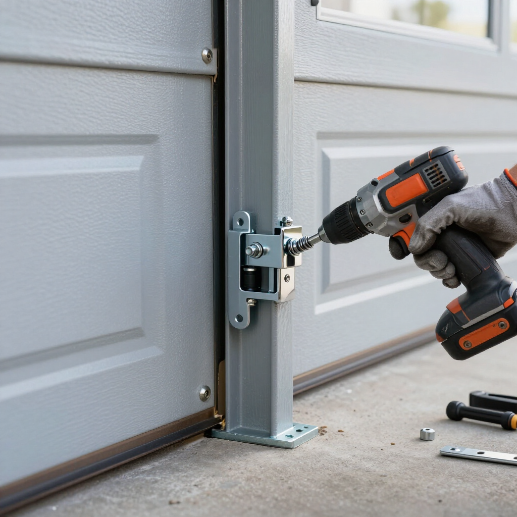 A person wearing work gloves uses a power drill to install a metal bracket onto a garage door track.