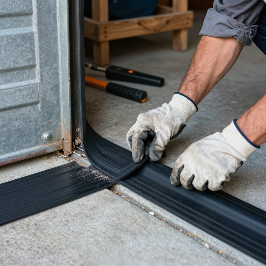A pair of hands in work gloves installs a black rubber garage door threshold seal onto a concrete floor.