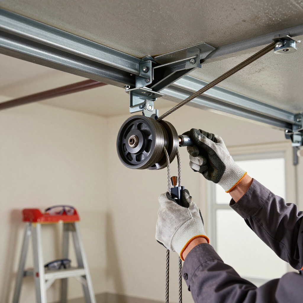 A gloved hand adjusts a garage door opener pulley mechanism mounted to a ceiling track.
