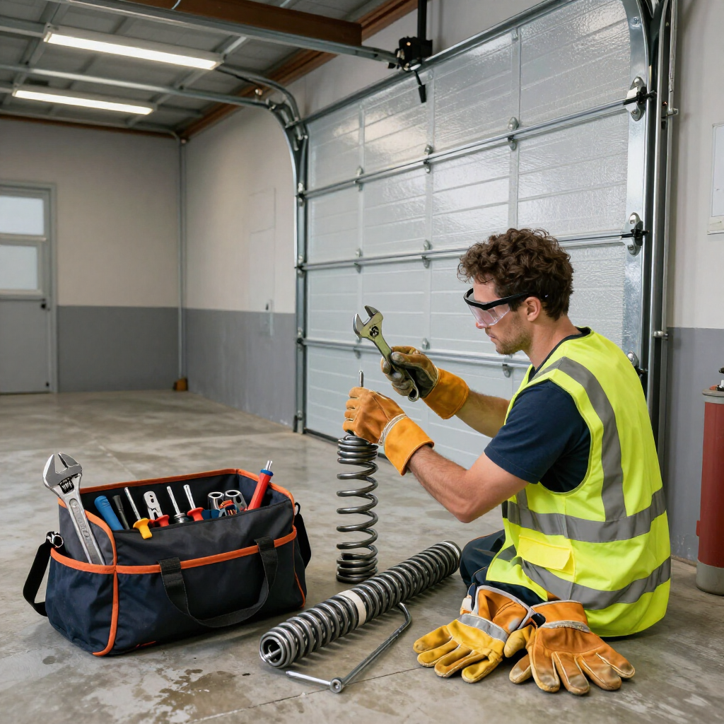 A technician in a safety vest and gloves works on a garage door torsion spring in a garage, with a tool bag nearby.