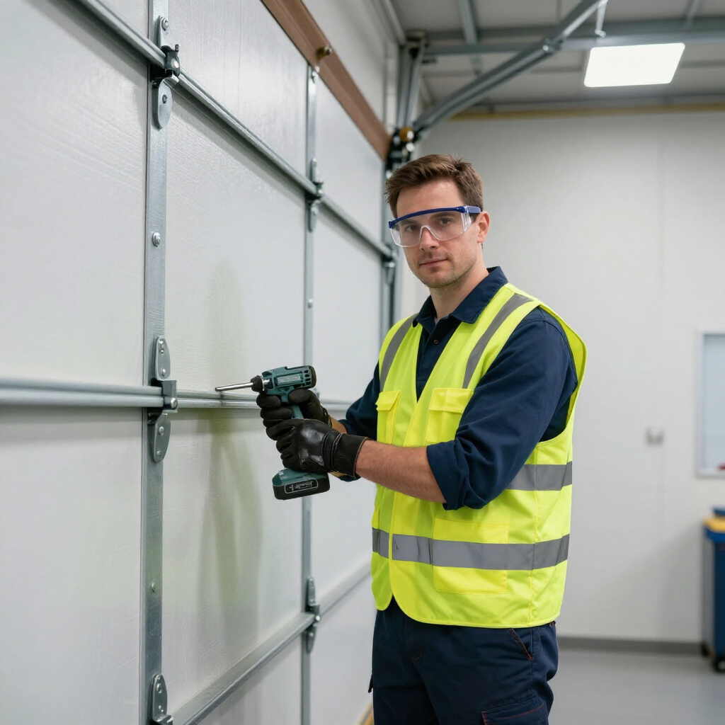 A technician in a safety vest and goggles uses a power drill on a white sectional garage door in an indoor workshop.
